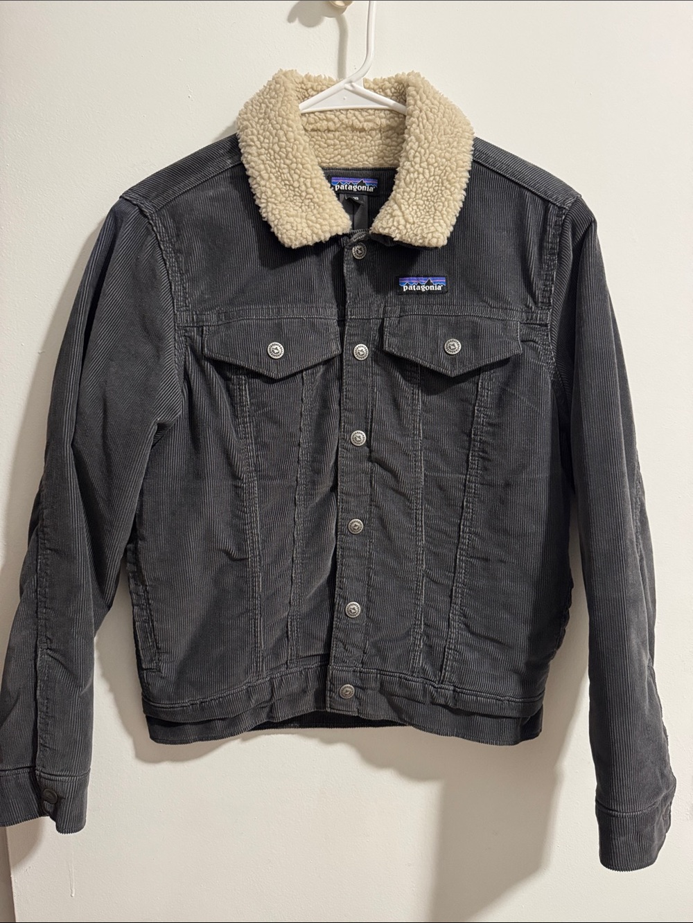 Patagonia Black Corduroy Jacket with Cream Sherpa Collar